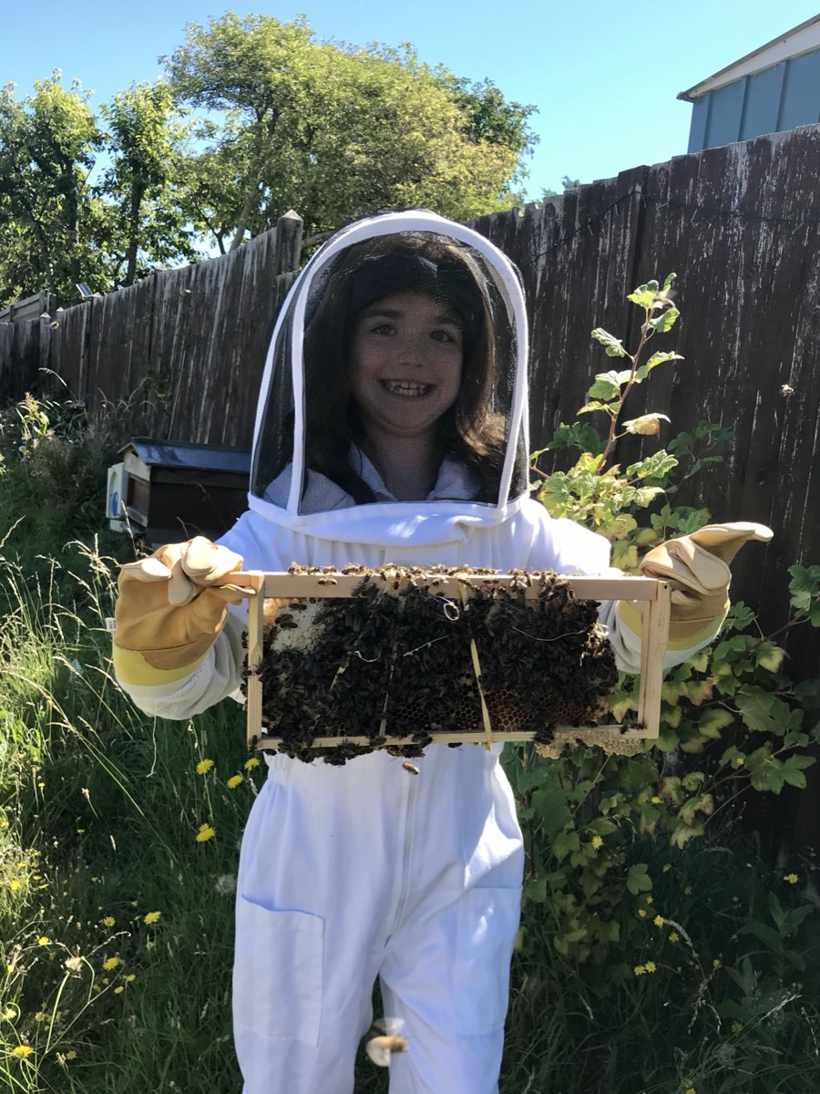 Libby in her beekeeping suit holding a frame of bees — the inspiration behind Libbees Coffee Co
